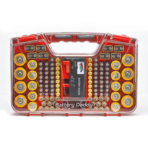 Front view of Battery Daddy Storage And Organizer Case With Built In Tester That Holds Up To 180 Batteries, clear locking lid, red handle.