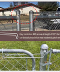 Wire Arm Throw Over Gate Latch For Chain Link Fences, Durable Residential Gate Hardware, Fits 1 And 1 Eighth Inch Or 1 And 3 Eighth Inch Tube Frames, Silver Finish, 13.5 Inches Long, Easy Install, Versatile Gate Accessory shown installed on a chain link fence.