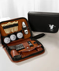 Custom Name Monogram PU Leather Golf Organizer Pouch with engraving open showing tees, balls, tools, two color options