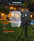 Outdoor Power Stake With Weatherproof Cover And Overload Protection No Fuss 50 Ft Extension Cord Six Outlets 15A 1875W Waterproof Power Strip For Halloween And Christmas Lights And Other Outdoor Gadgets. Black outdoor power stake with six outlets and clear weatherproof cover in grass.