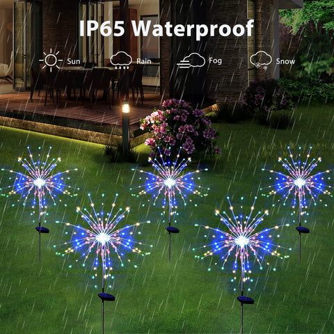 Colorful Solar Garden Firework Lights 4 Pack Outdoor Waterproof 120 LED Sparklers For Patio Backyard Yard Pathway Walkway Decor Brighten Up Your Fourth of July Outdoor Party in rain
