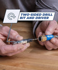 Two sided drill bit and driver held in hands, showcasing heavy duty design for cutting pilot holes and driving screws.