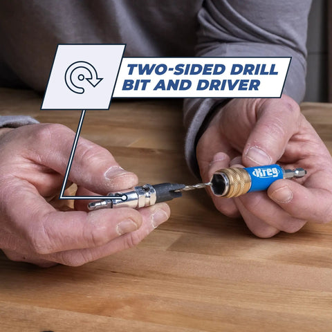 Two sided drill bit and driver held in hands, showcasing heavy duty design for cutting pilot holes and driving screws.
