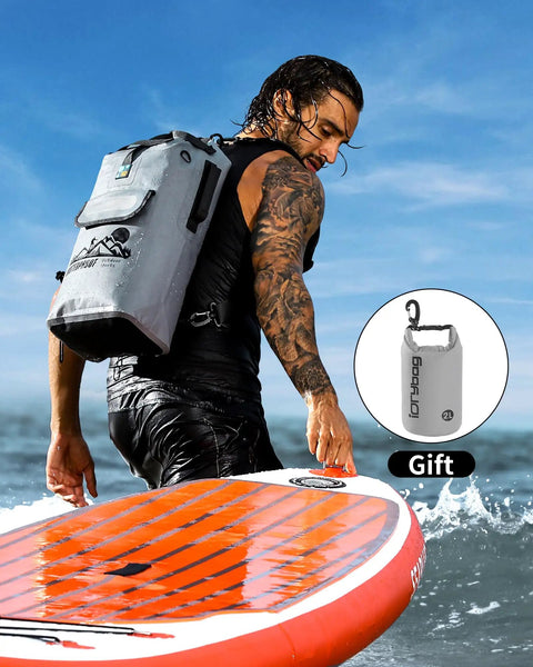 Man with floating waterproof dry bag backpack 20L kayaking, heavy duty 500D vinyl with welded seals, on river or lake adventure