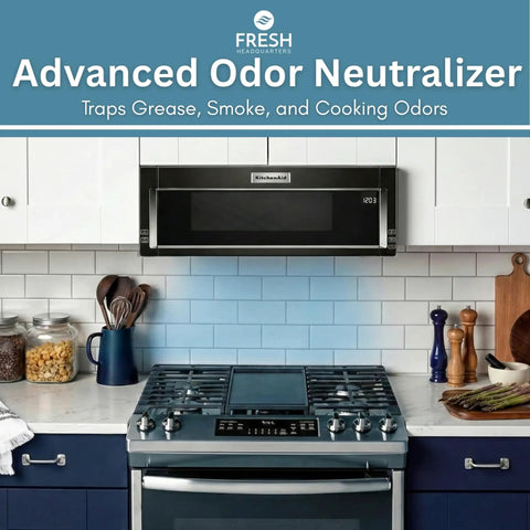 Notched Activated Carbon Microwave Hood Filter 2 Pack For Whirlpool OTR And KitchenAid Models W1128298 Replacement Charcoal Filter in kitchen setting