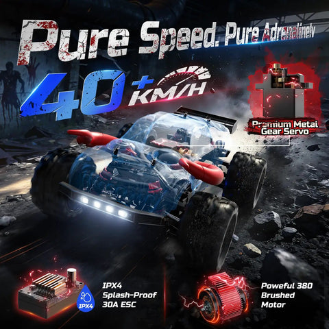 Zombie Themed All Terrain RC Monster Truck 40KPH 4WD Electric Off Road Car showcasing speed with 2.4GHz remote features