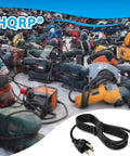Heavy Duty 10 Ft Replacement AC Power Cord Featuring 18 AWG 3 Prong Wiring displayed with various power tools in background.