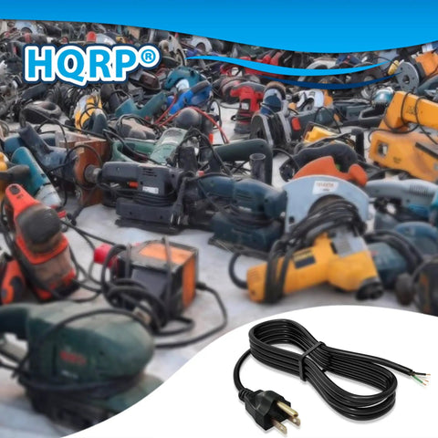 Heavy Duty 10 Ft Replacement AC Power Cord Featuring 18 AWG 3 Prong Wiring displayed with various power tools in background.