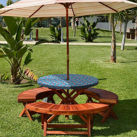 Heavy Duty Round Outdoor Tablecloth With Umbrella Hole And Zipper For 36 To 44 Inch Tables, Stain Resistant Polyester, installed on a patio table