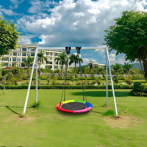 Ultra Strong Saucer Swing 40 Inch For Backyard Fun, 900D Oxford Waterproof Seat on swing set in grassy backyard