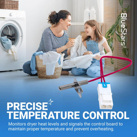 Mother and daughter with laundry near dryer, featuring Dryer Thermistor Assembly For LG And Kenmore Dryers Easy Install Replacement Sensor Replaces 6323EL2001H AP4441539 PS3529026 DLE0442W DLE2512W DLE2514W DLE3733S DLE3777W DLE5932S DLE7177RM.