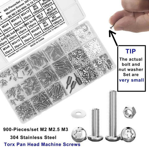 Boss 304 Stainless Steel Torx Button Head Screws Set With 900 Pieces M2 M2.5 M3 Bolts Nuts Washers Star Drive Round Head Machine Screws Fully Threaded Includes T6 T8 T10 Wrench