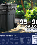 Heavy Duty 95 To 96 Gallon Black Garbage Liners 1.5 Mil Tear Resistant Trash Bags For Rollaway Carts 61 By 68 Inch Beast Mode Industrial Waste Sacks on a garbage bin.