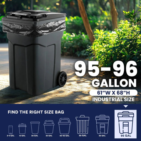 Heavy Duty 95 To 96 Gallon Black Garbage Liners 1.5 Mil Tear Resistant Trash Bags For Rollaway Carts 61 By 68 Inch Beast Mode Industrial Waste Sacks on a garbage bin.