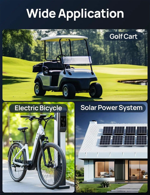 12A MPPT Boost Solar Charge Controller with golf cart, electric bicycle, and home solar power system applications.