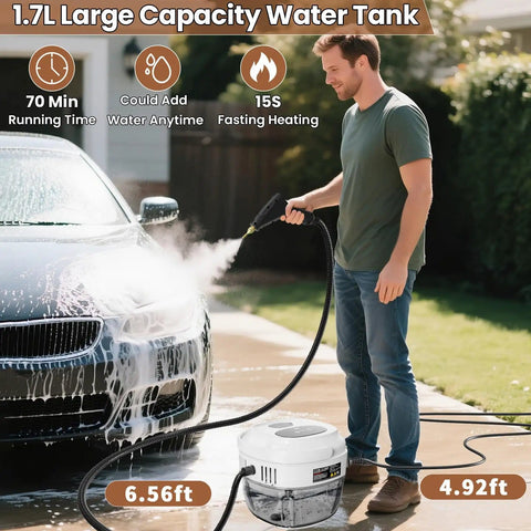 Man using Beast 2500W High Temperature Steam Cleaner With One Point Seven Liter Tank to wash car in driveway