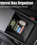 Two Pack Center Console Organizer Bottom Trays For Tesla Model Y Juniper 2025 2026 Armrest Box Base Tray Storage with items inside