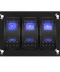 Waterproof 12V Marine Switch Panel With 3 Gang Rocker Switches, Blue LED Illumination, Aluminum Prewired Toggle Panel For Boat