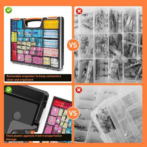 Kuject heat shrink wire connector kit in a color-coded plastic organizer with spade, ring, and butt connectors.