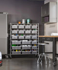 7-Tier NSF 21-Bin Steel Wire Shelving Rack With 48 W X 14 D X 56 H Gray Adjustable Leveling Feet Removable Gray Bins Beefy Heavy-Duty Garage and Workshop Storage Organizer in garage