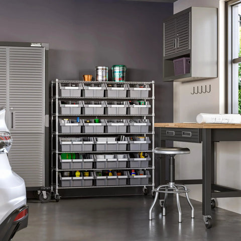 7-Tier NSF 21-Bin Steel Wire Shelving Rack With 48 W X 14 D X 56 H Gray Adjustable Leveling Feet Removable Gray Bins Beefy Heavy-Duty Garage and Workshop Storage Organizer in garage