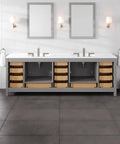 Top Shelf 96 Inch Gray Double Sink Bathroom Vanity With Durable Carrara Quartz Top And Undermount Porcelain Sinks Plus Flawless Brushed Nickel Hardware For Rapid Home Renovations with open drawers.