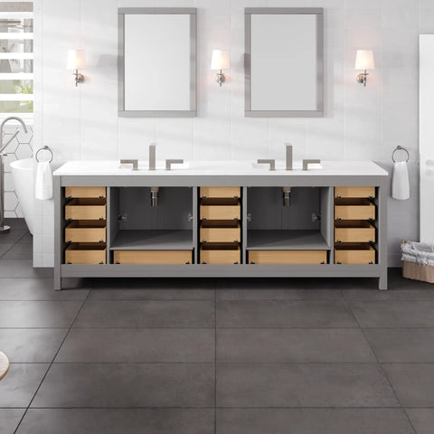 Top Shelf 96 Inch Gray Double Sink Bathroom Vanity With Durable Carrara Quartz Top And Undermount Porcelain Sinks Plus Flawless Brushed Nickel Hardware For Rapid Home Renovations with open drawers.