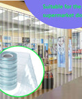 Rock Solid Clear PVC Strip Curtains For Warehouse Freezer Doors Easy Cut Insulated Vinyl Flaps in supermarket doorway.