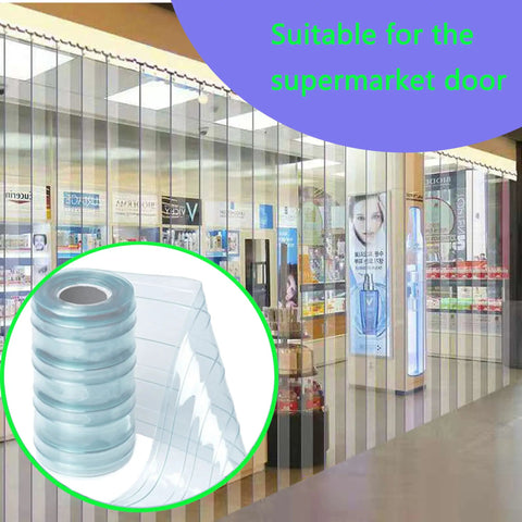 Rock Solid Clear PVC Strip Curtains For Warehouse Freezer Doors Easy Cut Insulated Vinyl Flaps in supermarket doorway.