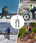 Beefy Fat Tire MTB Front Suspension Fork, 100mm Travel, 135mm Hub, 9mm QR, Manual Lockout, Oil Spring, Disc Brake Compatible, Lightweight Aluminum shown with cyclists in varied terrains.