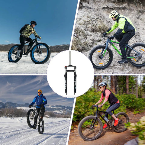 Beefy Fat Tire MTB Front Suspension Fork, 100mm Travel, 135mm Hub, 9mm QR, Manual Lockout, Oil Spring, Disc Brake Compatible, Lightweight Aluminum shown with cyclists in varied terrains.