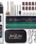 USB Rechargeable Mini Engraving Pen Cordless Rotary Tool For Wood Metal Glass Jewelry Stone Leather Plastic Etching With 54 Accessories 15000 To 25000 RPM High Speed Motor 3 Speed Modes Pro Grade, shown with accessories and carry case.