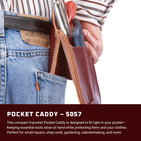 Pocket Caddy For Tools With Four Pockets And Tool Holders Belt Clip Fits Up To Two Inches Wide Lightweight Brown Made In USA