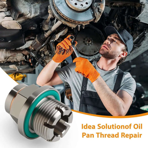 Mechanic using Double Oversize Magnetic Piggyback Oil Drain Plug Kit M14x1.5 Stainless Steel for thread repair