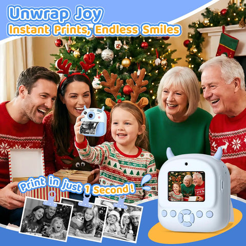 Kids Camera Instant Print 1080P Video 2.4 Inch Screen Selfie Digital Camera For Ages 3 To 12 Instant Black And White Photos Plus Color Save On SD Card Blue Gift For Boys And Girls showing a child printing a photo at Christmas