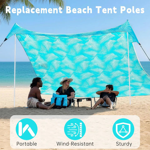 Beach scene with people under a canopy supported by Heavy Duty 6.56ft Aluminum Beach Tent Poles 2 Pack Replacement Set.