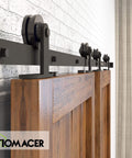 Installed view of Black Rustic Sliding Barn Door Hardware Kit For Two Doors With 7ft Flat Track And T Shape Rollers Heavy Duty
