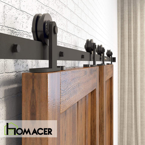 Installed view of Black Rustic Sliding Barn Door Hardware Kit For Two Doors With 7ft Flat Track And T Shape Rollers Heavy Duty