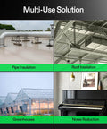 Collage showcasing Double Bubble Foil Insulation Roll 6 Inch By 25 Feet Reflective HVAC Duct Wrap used for pipes, roofs, greenhouses, noise reduction.