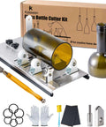 Front view of Kalawen Glass Bottle Cutter Kit on metal base with yellow guide, bottle on jig, gloves and accessories