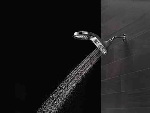 HydroRain Two In One Shower Head Chrome Finish With Rain Can And Handheld Combo with water flow against dark background