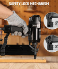 2 In 1 Pneumatic Brad Nailer And Stapler 18 Gauge Air Nail Gun with safety lock mechanism in use on wood surface