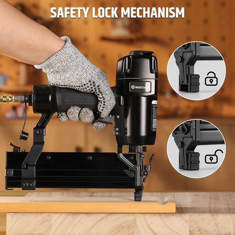 2 In 1 Pneumatic Brad Nailer And Stapler 18 Gauge Air Nail Gun with safety lock mechanism in use on wood surface