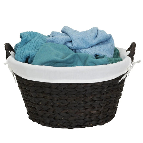 Round Wicker Laundry Basket With Easy Carry Handles, Water Hyacinth Construction, Sturdy Metal Frame, Removable Polyester Liner