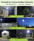 Six outdoor scenarios lit by the Hella Bright 150W LED Flood Light Outdoor With 13500 Lumens 330 Degree Wide Beam