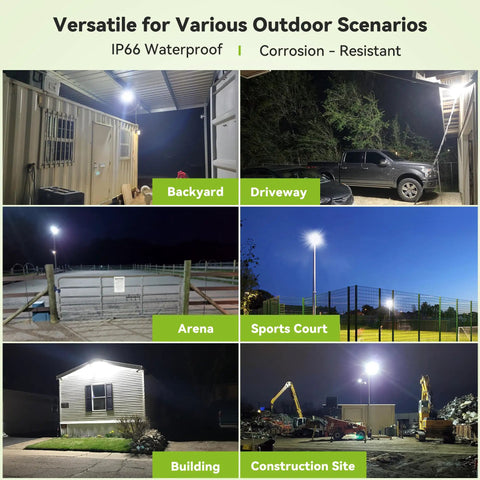 Six outdoor scenarios lit by the Hella Bright 150W LED Flood Light Outdoor With 13500 Lumens 330 Degree Wide Beam
