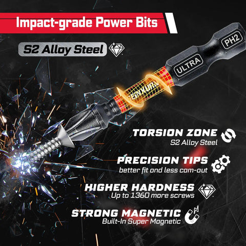 Impact-grade power bits from 58 Piece Screwdriver Bit Set With Impact Bits, Mini Wrench, Step Drill, 1 Quarter Inch Socket Adapter.