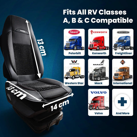 Beaded Cooling Seat Cover For Semi Trucks With Back Support And Anti Sweat Comfort Cushion displayed with truck brands.