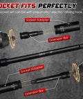 Half Inch Drive Impact Socket Set with extension bars and adapters, Cr-V-M Steel, detail view, heavy duty for pro mechanics.