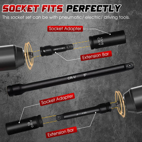 Half Inch Drive Impact Socket Set with extension bars and adapters, Cr-V-M Steel, detail view, heavy duty for pro mechanics.